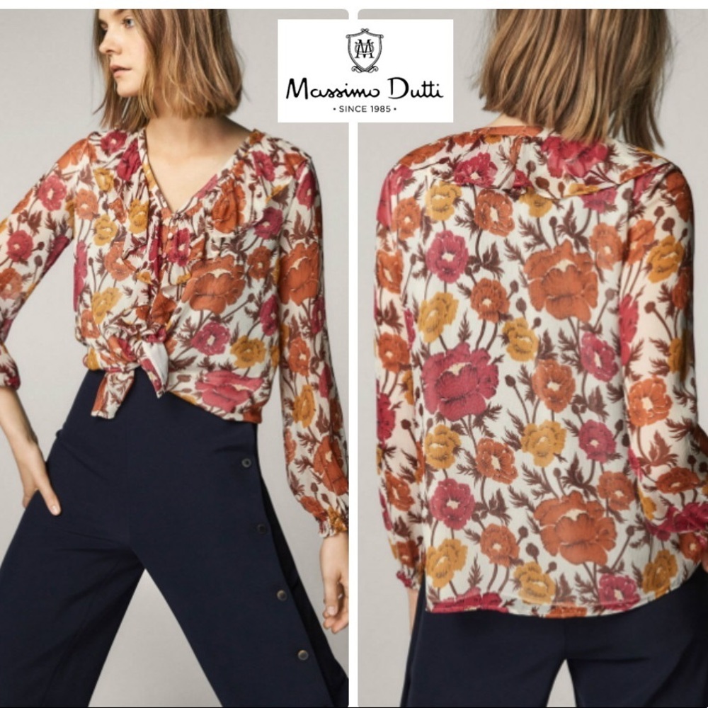 NWT Massimo Dutti Floral Ruffle Neck Blouse